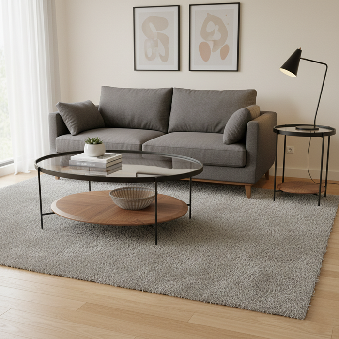 Cam Üst Tablalı Modern Yuvarlak Orta Sehpa Seti