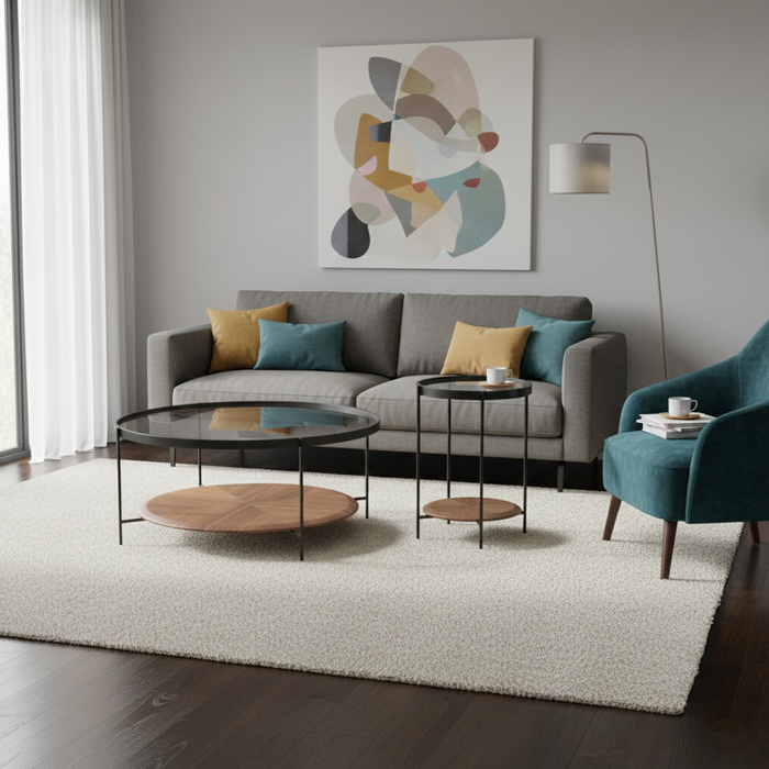 Cam Üst Tablalı Modern Yuvarlak Orta Sehpa Seti