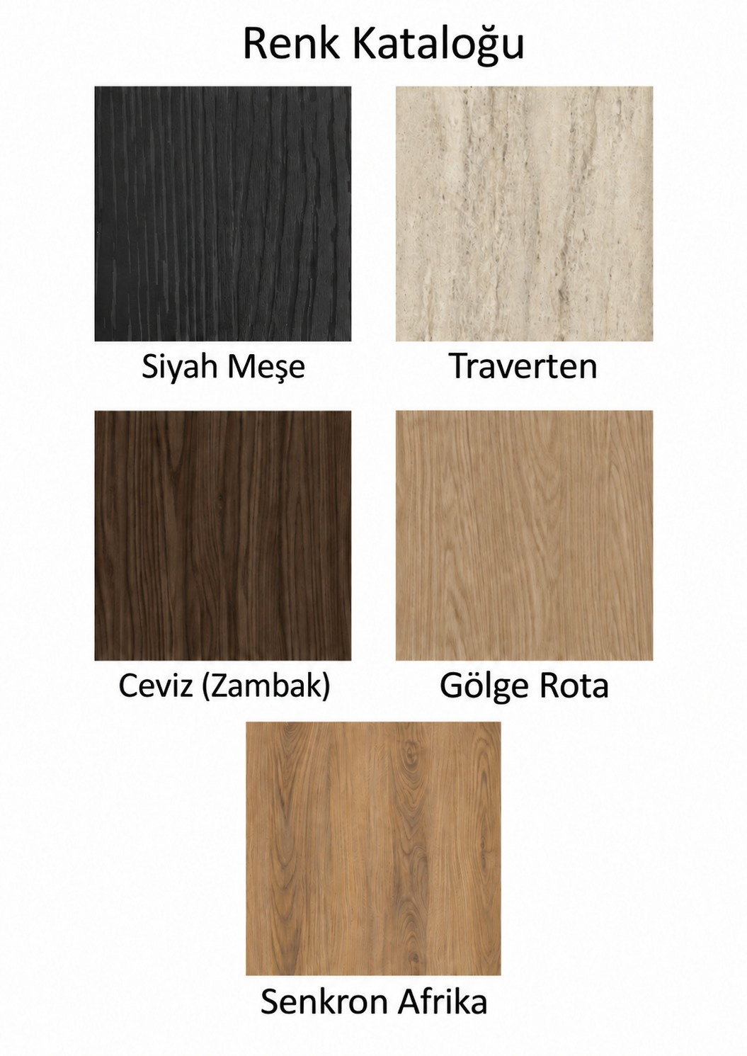 Siyah Meşe, Traverten, Ceviz (Zambak), Gölge Rota ve Senkron Afrika renk kartelası